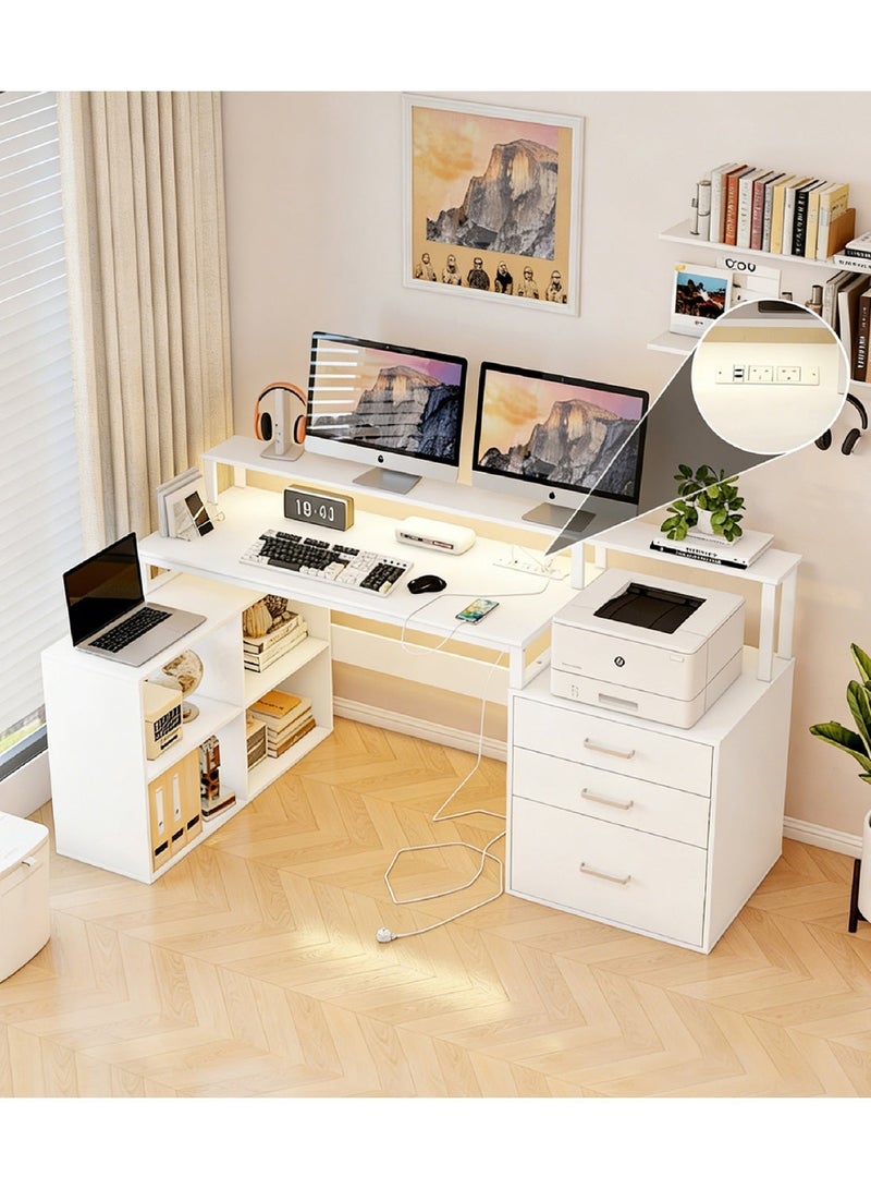 مكتب كمبيوتر على شكل حرف L مع محطة شحن وحامل شاشة وأدراج ورف كتب وسطح مكتب كبير ومكتب منزلي مع خزانة طابعة ومحطة عمل زاوية للمكتب المنزلي والدراسة والألعاب، أبيض، YN125 - Image 1